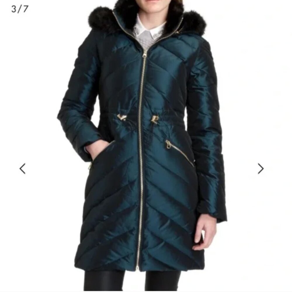 Ted Baker Black Quilted Puffer Coat with Faux Fur Trim